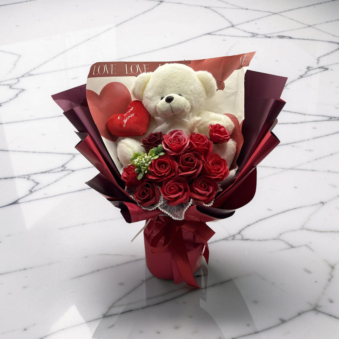 Red Bouquet & Bear ( artificial flowers )