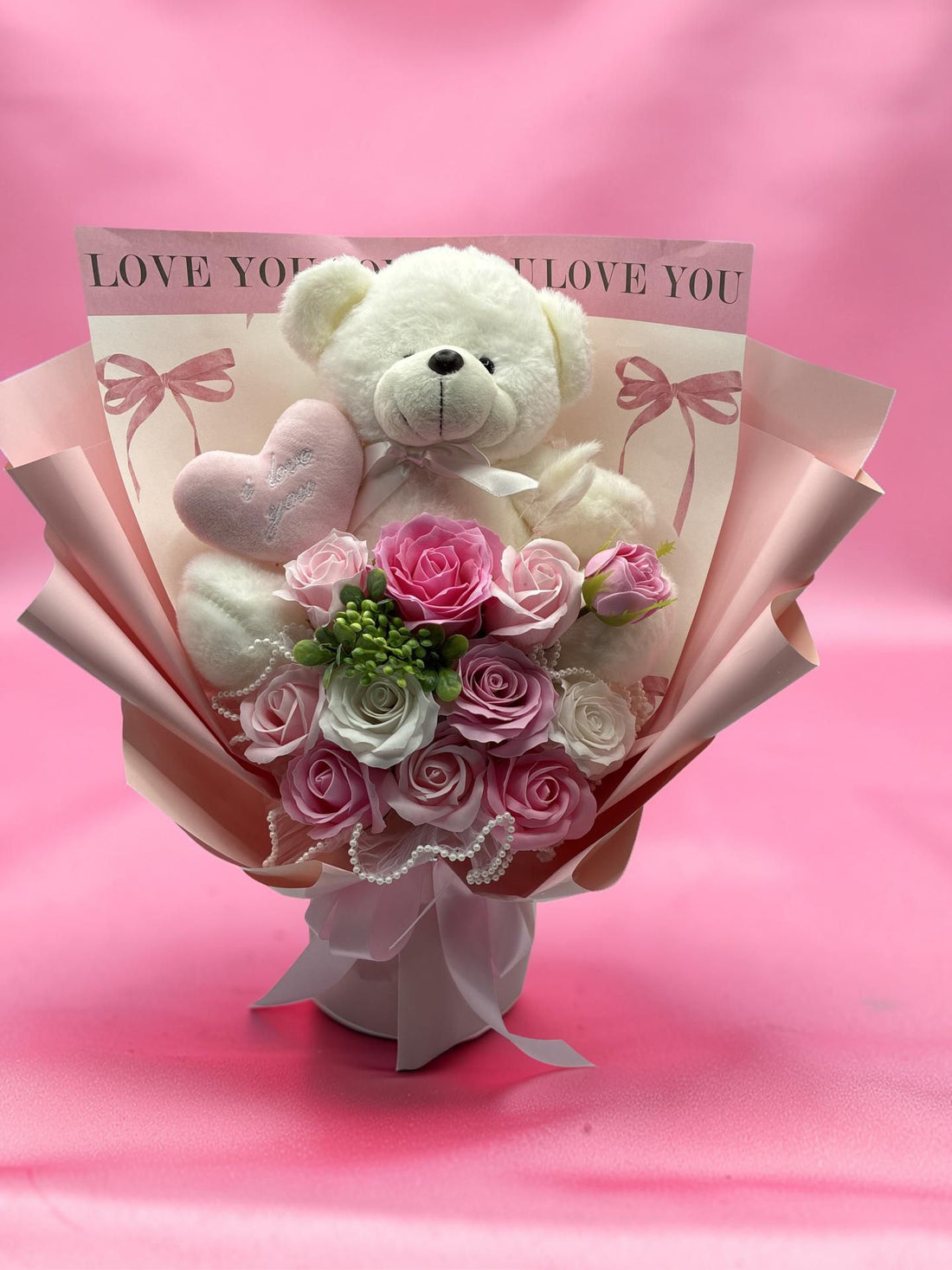 Pink Bouquet & Bear ( artificial flowers )