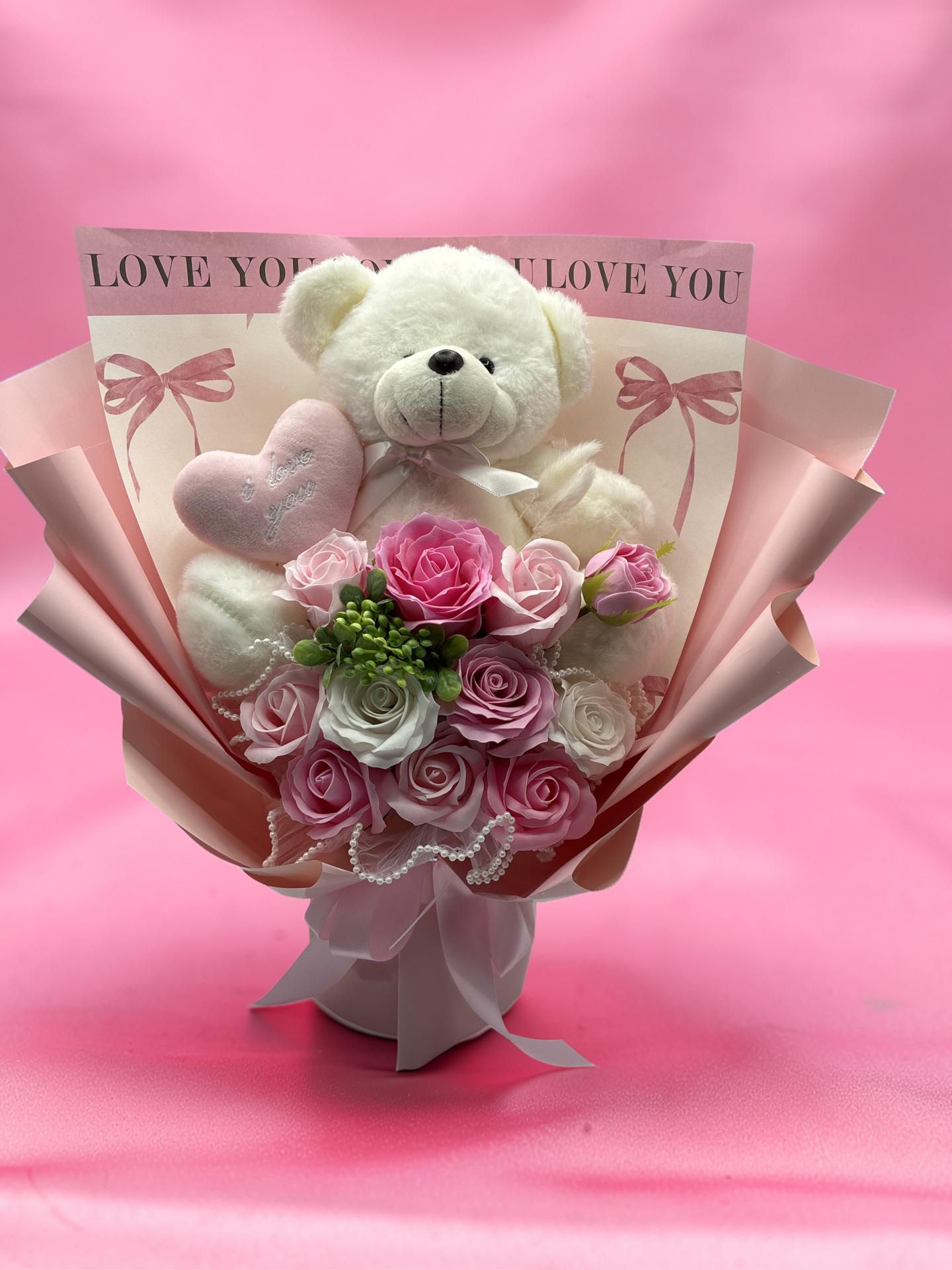 Pink Bouquet & Bear ( artificial flowers )